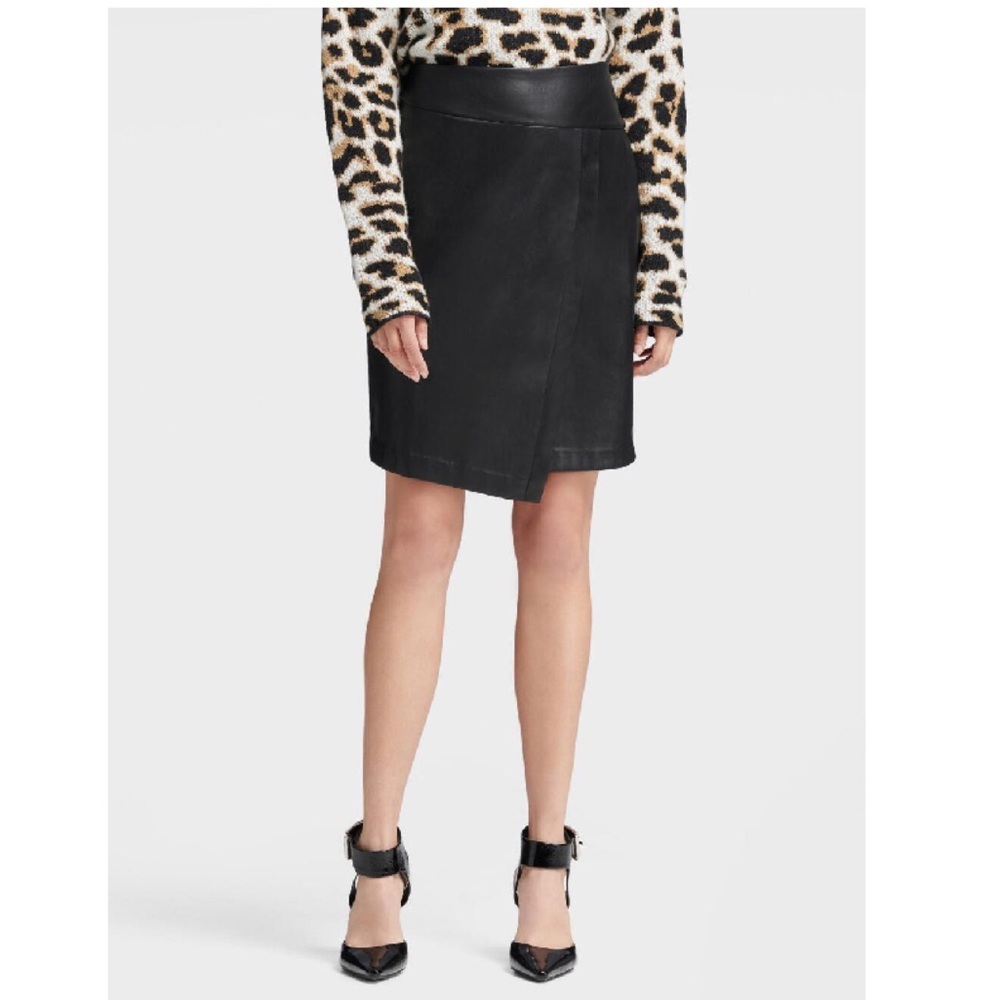 DKNY Black Faux Leather Mock Wrap Skirt Size 2 NWT